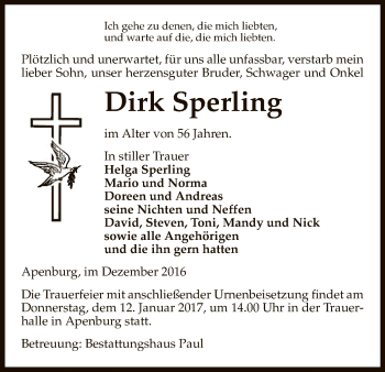 Traueranzeige von Dirk Sperling von Uelzen