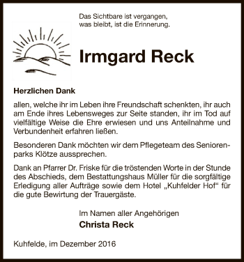 Traueranzeige von Irmgard Reck von Uelzen