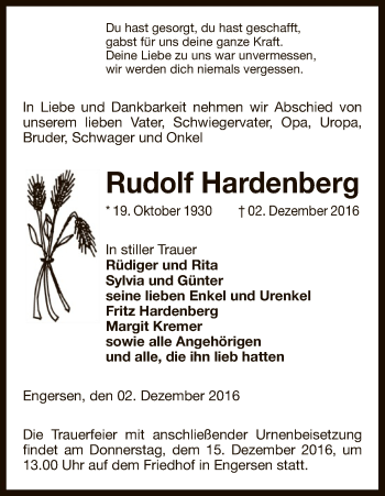 Traueranzeige von Rudolf Hardenberg von Uelzen