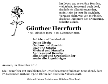 Traueranzeige von Günther Herrfurth von Uelzen