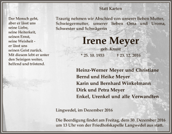 Traueranzeige von Irene Meyer von Uelzen