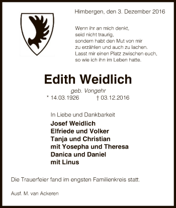 Traueranzeige von Edith Weidlich von Uelzen