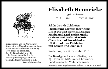 Traueranzeige von Elisabeth Henneicke von Uelzen