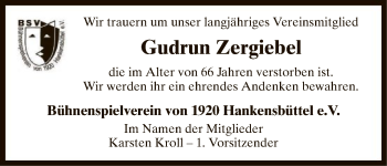 Traueranzeige von Gudrun Zergiebel von Uelzen