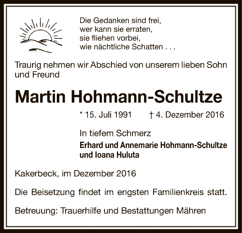  Traueranzeige für Martin Hohmann-Schultze vom 06.12.2016 aus Uelzen