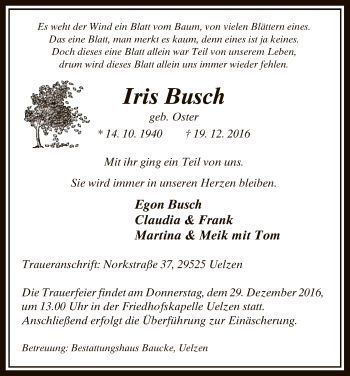 Traueranzeige von Iris Busch von Uelzen