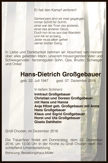 Traueranzeige von Hans-Dietrich Großgebauer von Uelzen