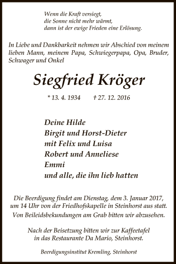 Traueranzeige von Siegfried Kröger von Uelzen