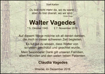 Traueranzeige von Walter Vagedes von Uelzen