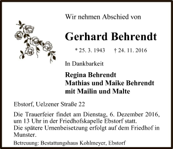 Traueranzeige von Gerhard Behrendt von Uelzen