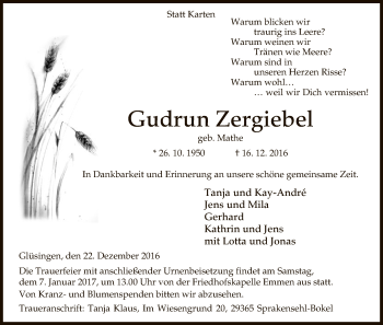 Traueranzeige von Gudrun Zergiebel von Uelzen