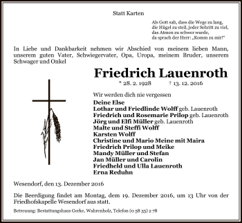 Traueranzeige von Friedrich Lauenroth von Uelzen