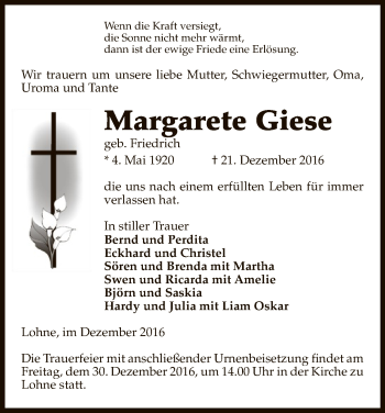 Traueranzeige von Margarete Giese von Uelzen