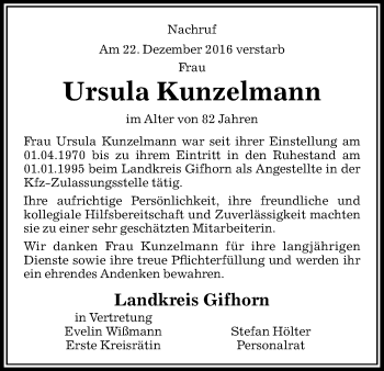 Traueranzeige von Ursula Kunzelmann von Uelzen