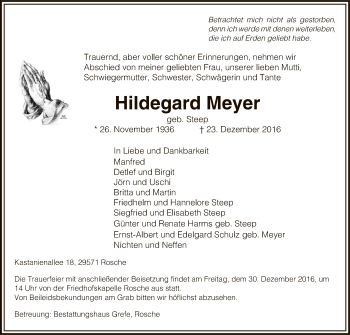 Traueranzeige von Hildegard Meyer von Uelzen