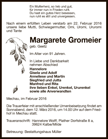 Traueranzeige von Margarete Gromeier von Uelzen