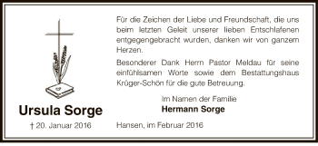 Traueranzeige von Ursula Sorge von Uelzen