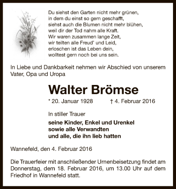 Traueranzeige von Walter Brömse von Uelzen