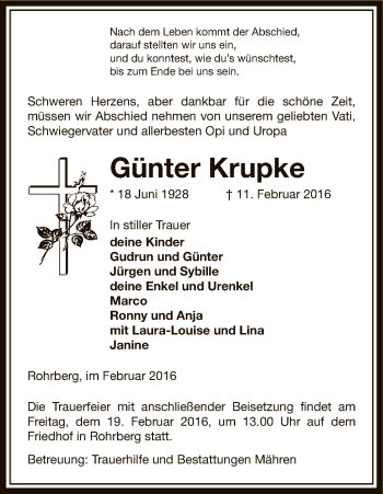 Traueranzeige von Günter Krupke von Uelzen