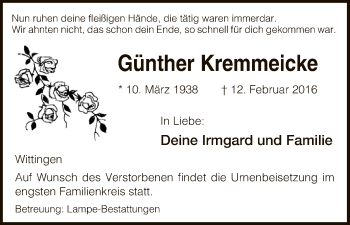 Traueranzeige von Günther Kremmeicke von Uelzen