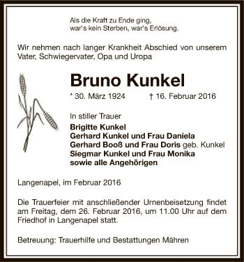 Traueranzeige von Bruno Kunkel von Uelzen