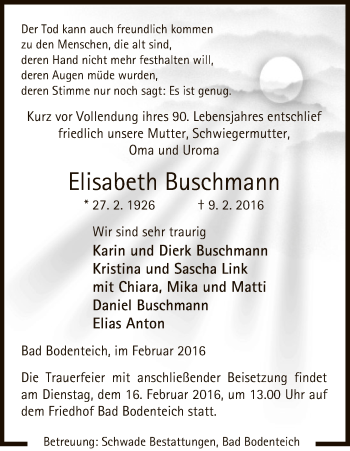 Traueranzeige von Elisabeth Buschmann von Uelzen