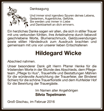 Traueranzeige von Hildegard Wicke von Uelzen