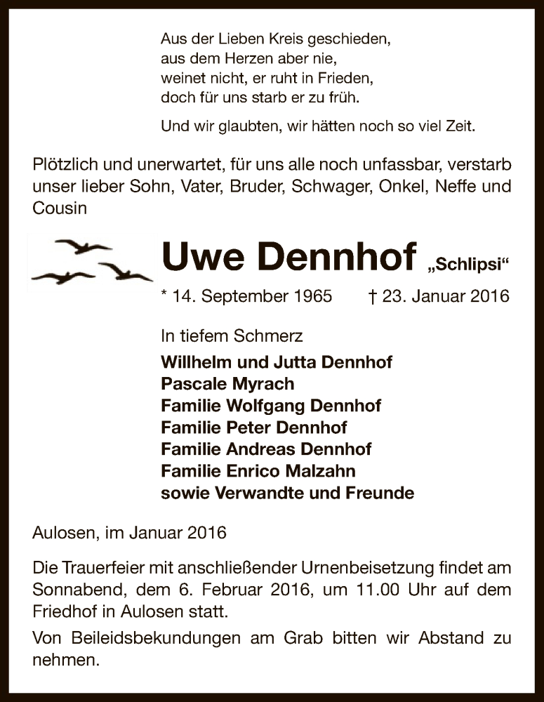  Traueranzeige für Uwe Dennhof vom 03.02.2016 aus Uelzen