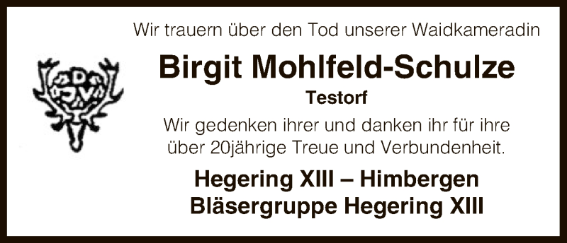  Traueranzeige für Birgit Mohlfeld-Schulze vom 06.02.2016 aus Uelzen