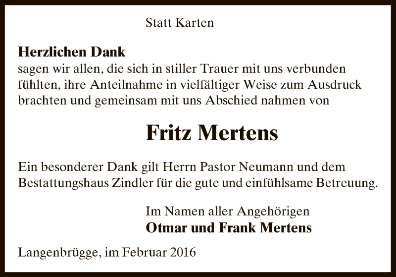  Traueranzeige für Fritz Mertens vom 13.02.2016 aus Uelzen