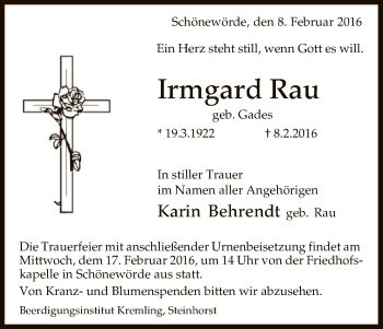 Traueranzeige von Irmgard Rau von Uelzen