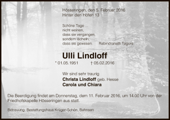 Traueranzeige von Ulli Lindloff von Uelzen