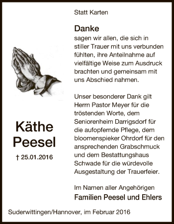 Traueranzeige von Käthe Peesel von Uelzen