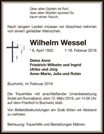 Traueranzeige von Wilhelm Wessel von Uelzen