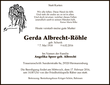 Traueranzeige von Gerda Albrecht-Röhle von Uelzen