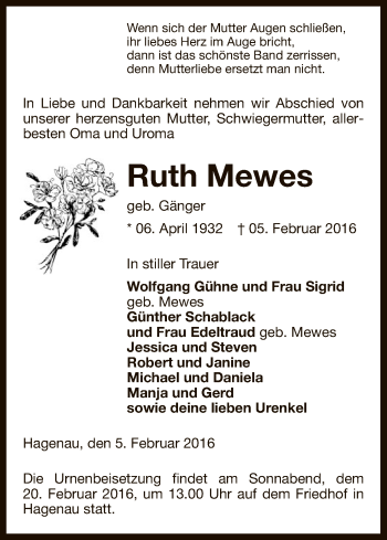 Traueranzeige von Ruth Mewes von Uelzen