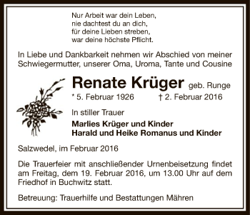 Traueranzeige von Renate Krüger von Uelzen