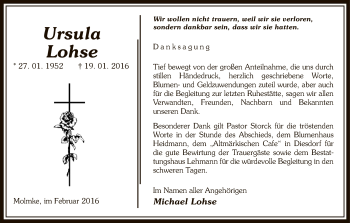 Traueranzeige von Ursula Lohse von Uelzen