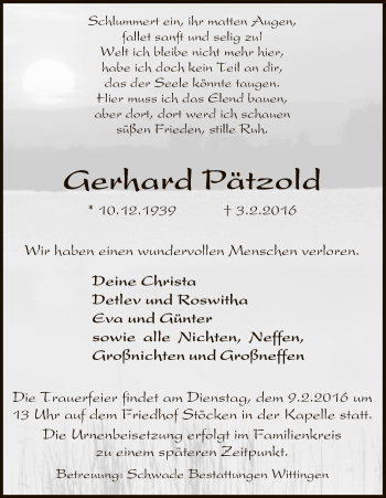 Traueranzeige von Gerhard Pätzold von Uelzen