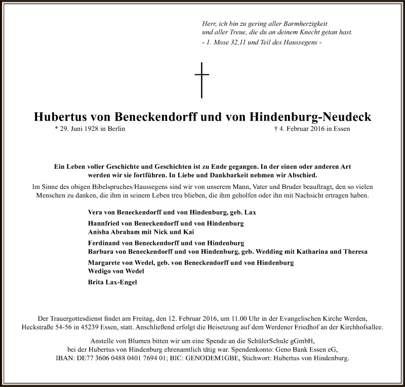  Traueranzeige für Hubertus von Beneckendorff und von Hindenburg-Neudeck vom 11.02.2016 aus Uelzen