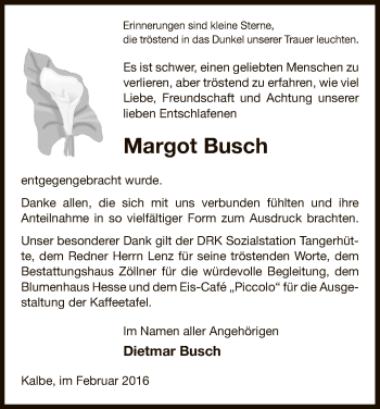 Traueranzeige von Margot Busch von Uelzen