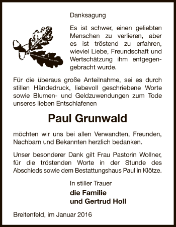 Traueranzeige von Paul Grunwald von Uelzen