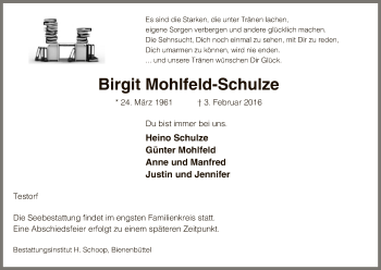 Traueranzeige von Birgit Mohlfeld-Schulze von Uelzen