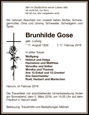 Traueranzeige von Brunhilde Gose von Uelzen