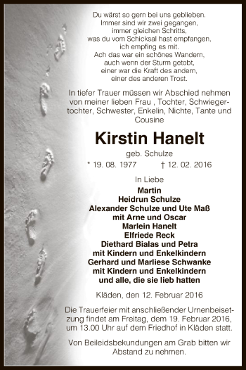 Traueranzeige von Kirstin Hanelt von Uelzen