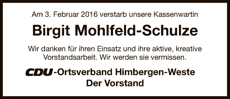  Traueranzeige für Birgit Mohlfeld-Schulze vom 10.02.2016 aus Uelzen