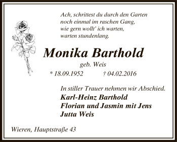 Traueranzeige von Monika Barthold von Uelzen