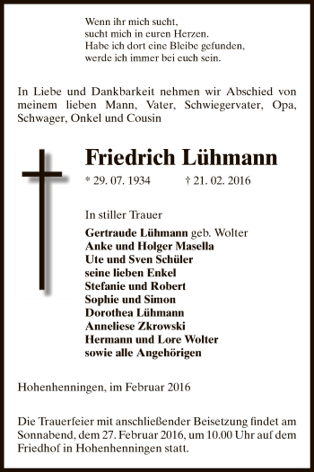 Traueranzeige von Friedrich Lühmann von Uelzen