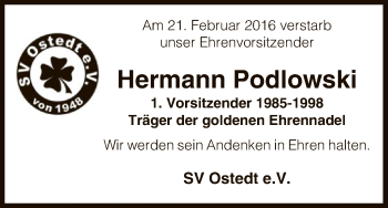 Traueranzeige von Hermann Podlowski von Uelzen