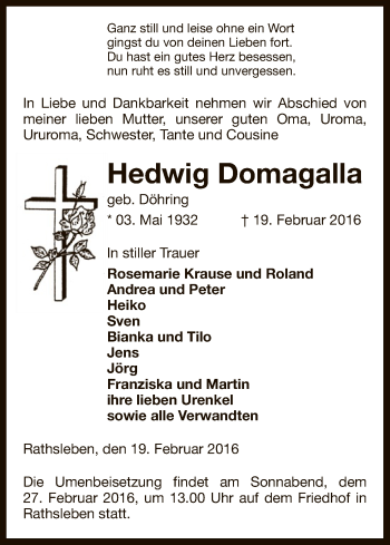 Traueranzeige von Hedwig Domagalla von Uelzen